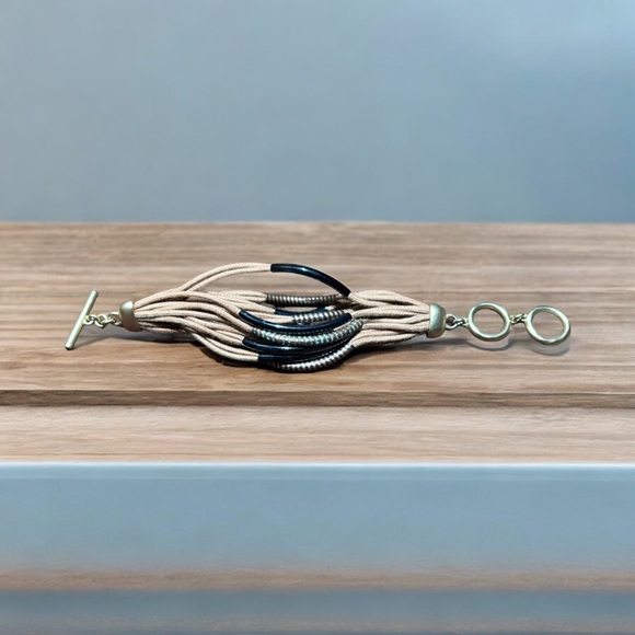 Tan/Green/Silver Women's Twelve Double Strand Cord Toggle Closure Bracelet - Picture 10 of 11